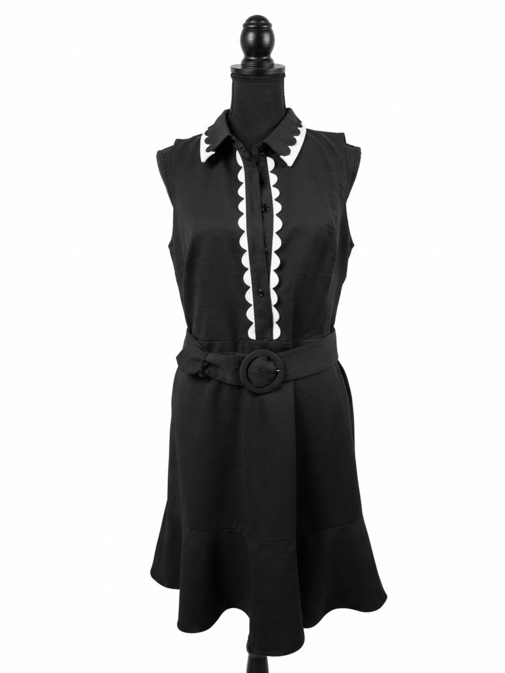 Karl Lagerfeld Black Midi Dress with White Scalloped Trim and Belt
